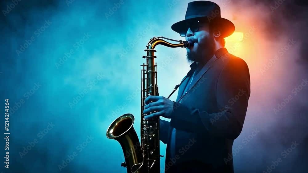 A jazz musician passionately playing the saxophone in a vibrant, smoky atmosphere.