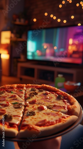 Delicious pizza fresh sits near a tv	

