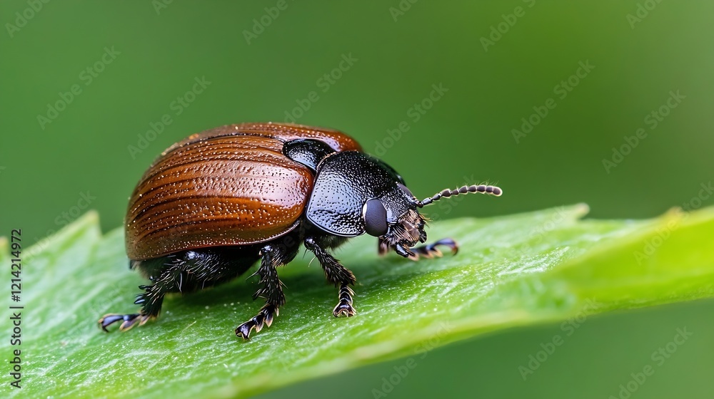 Macro View of a Brown Beetle Resting on Fresh Green Leaf in Natural Habitat : Generative AI Macro View of a Brown Beetle Resting on Fresh Green Leaf in Natural Habitat : Generative AI