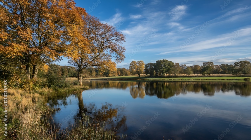 Reflections of Golden Autumn Trees in a Tranquil Lake Under a Clear Blue Sky : Generative AI Reflections of Golden Autumn Trees in a Tranquil Lake Under a Clear Blue Sky : Generative AI