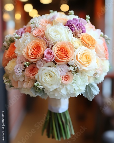 Bridal bouquet with pastel roses, hydrangeas.