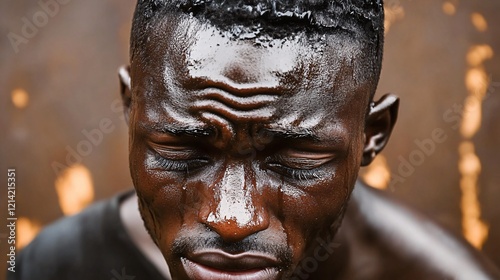 Young African man in deep sadness, crying and overwhelmed with exhaustion, showing the emotional toll of stress and poverty. 