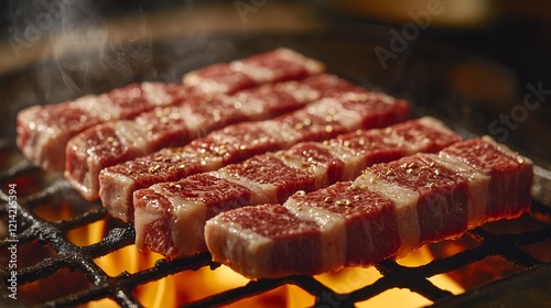 close-up of a sizzling steak on a barbecue grill, flames licking the meat as it cooks to perfection