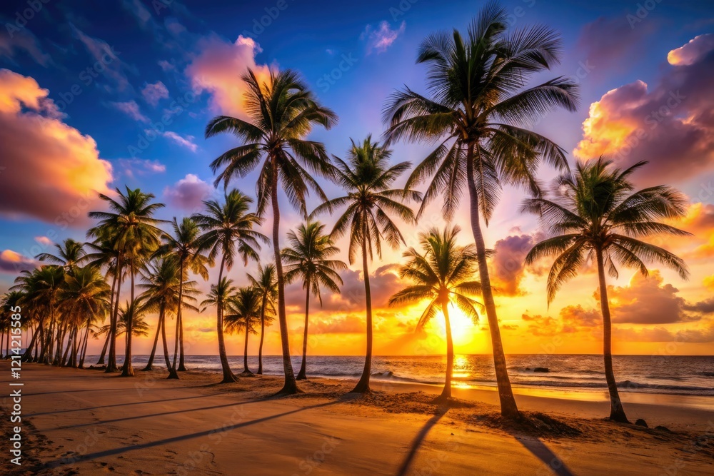 Obraz premium Silhouette of swaying palms graces Bahia's empty beach at sunset.