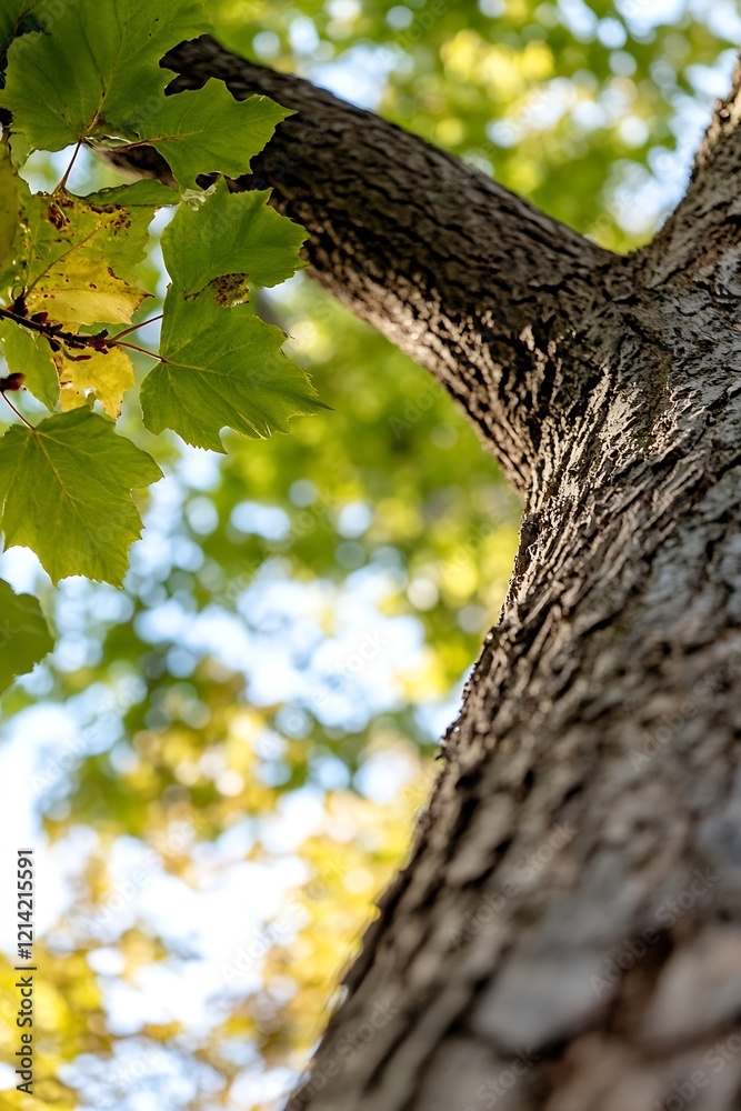Obraz premium Looking up from base of tree showcasing textured bark and green leaves basking in sunlight : Generative AI