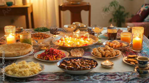 Family celebrating nowruz with traditional persian food and candles photo