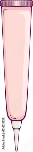 Pink cosmetic thin tube with cream, hair dye or balm. Moisturizing and skin care product. Colored plastic bottle isolated on white. Simple vector color illustration