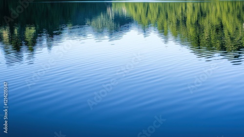 A smooth, still pond reflecting the surrounding landscape with no ripples disturbing the surface.