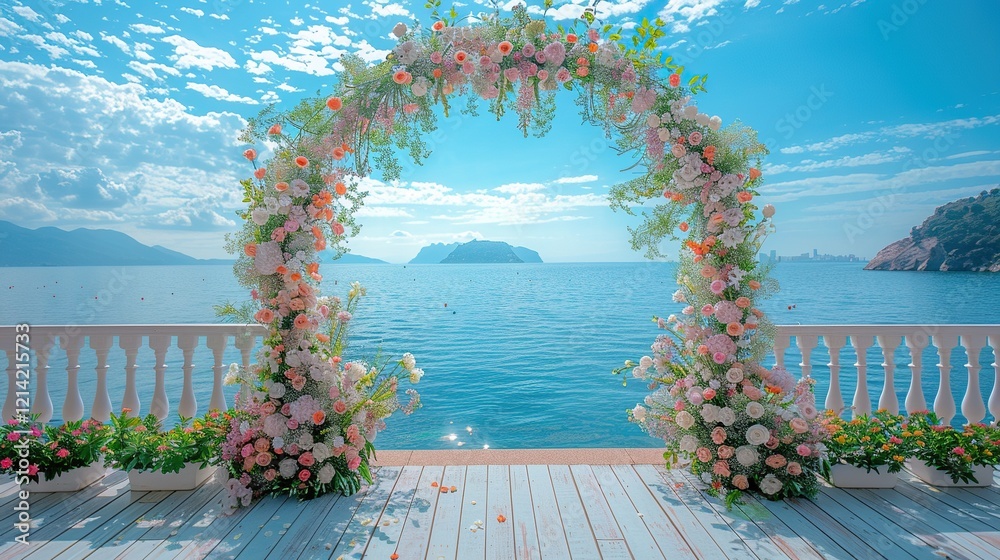 Fototapeta premium Blooming decoration of wedding arch with roses, carnation and eucalyptus. Beautiful wedding ceremony outdoors. White and pink colors. Wedding photo zone. Floral concept. Wedding details