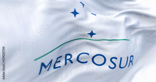 Close-up of Mercosur flag waving in the wind