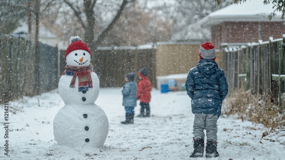 A snowman standing in a backyard, with children playing in the snow and bundled up in winter clothes. A snowman standing in a backyard, with children playing in the snow and bundled up in winter clothes.