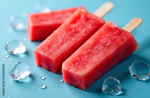 Ice cream popsicle watermelon with ice cube and lime on blue background, top view, copy space, flat lay, close up, vertical photo