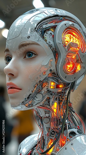 Futuristic cyborg woman in high-tech costume, with cyber glasses and mask, embodying innovation and advanced technology. 