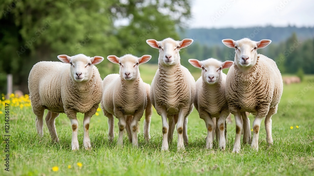 Group of sheep standing in a lush green pasture during a sunny day : Generative AI Group of sheep standing in a lush green pasture during a sunny day : Generative AI