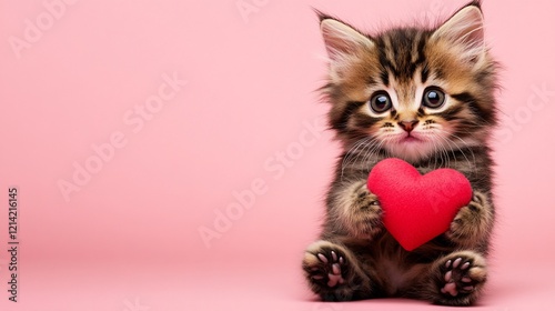 Adorable fluffy kitten with a playful and charming expression, surrounded by red hearts. Perfect for celebrating love and tenderness. Lovely atmosphere with copy space.
