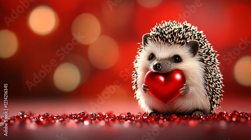 Adorable hedgehog holds a romantic heart, perfect for Valentine's Day. With its charming and cute appearance, this little mammal radiates tenderness and love, creating a whimsical celebration 