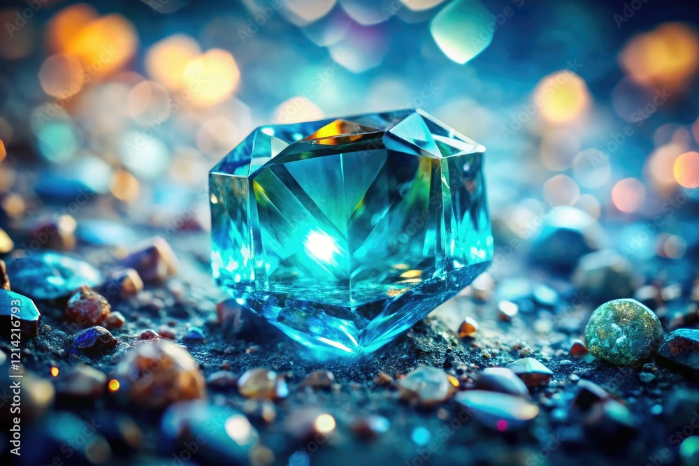 Sparkling aquamarine crystals shimmer in bokeh, a geological marvel captured up close. Sparkling aquamarine crystals shimmer in bokeh, a geological marvel captured up close.
