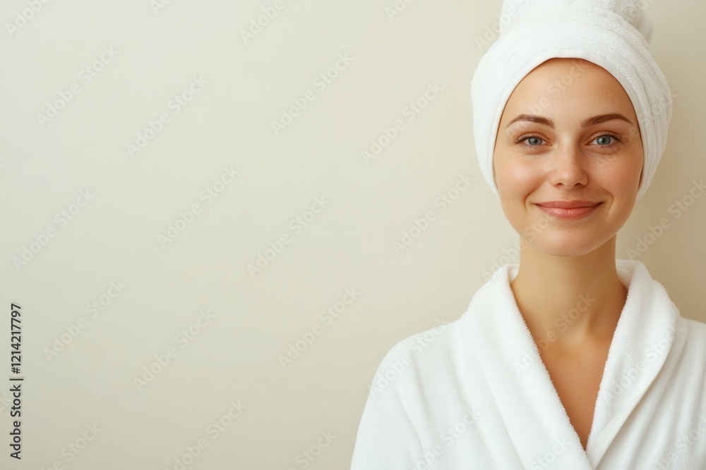 Self-care routines with lotion. Smiling woman in a bathrobe with a towel on her head against a neutral background. Self-care routines with lotion. Smiling woman in a bathrobe with a towel on her head against a neutral background.