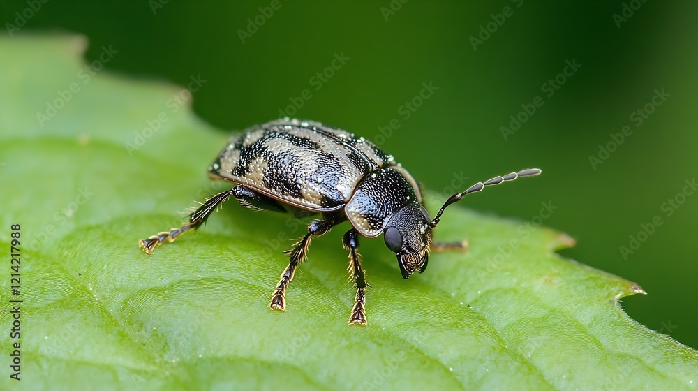 Macro closeup of beetle on green leaf with textured pattern and detailed antennae in natural outdoor setting : Generative AI Macro closeup of beetle on green leaf with textured pattern and detailed antennae in natural outdoor setting : Generative AI