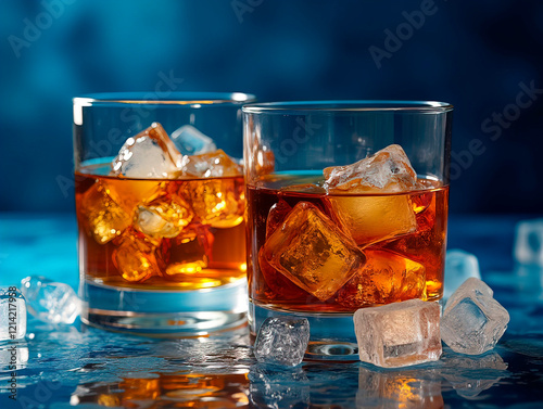 Two glasses of whiskey with ice on a blue background photo