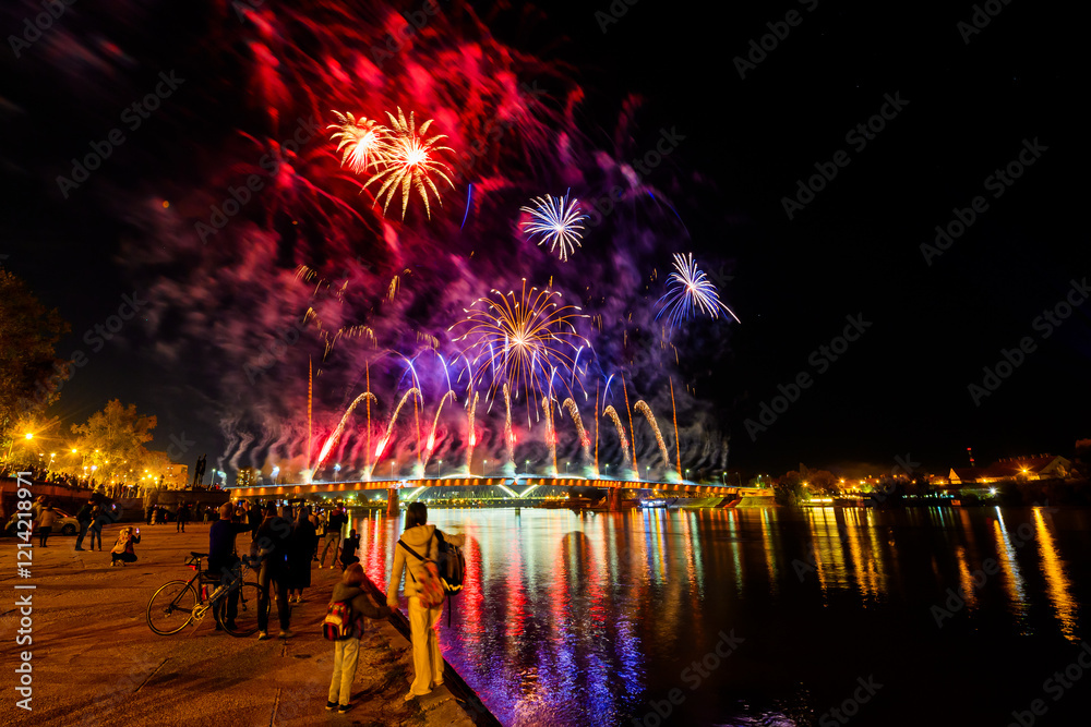 Novi Sad, Serbia - October 23, 2024: Fireworks in Novi Sad, Serbia. Fireworks on the occasion of the liberation of the city 1944.
