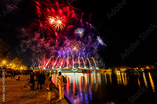 Obraz na płótnie Novi Sad, Serbia - October 23, 2024: Fireworks in Novi Sad, Serbia. Fireworks on the occasion of the liberation of the city 1944. w salonie