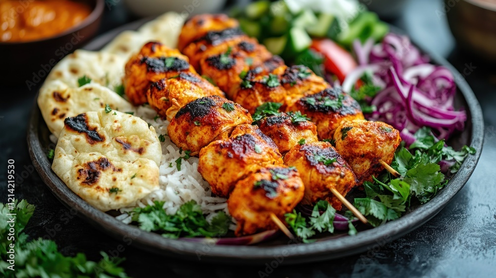 Spicy Chicken Tikka Skewers with Rice, Naan, and Salad Spicy Chicken Tikka Skewers with Rice, Naan, and Salad