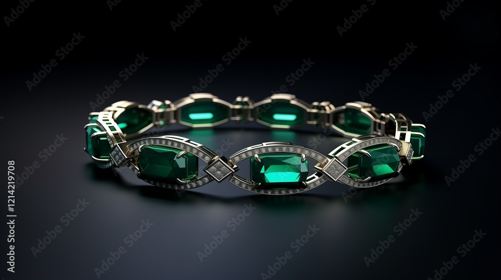 3D rendering isometric luxury bracelet with emerald stones, reflective surface, and a dark velvet backdrop 3D rendering isometric luxury bracelet with emerald stones, reflective surface, and a dark velvet backdrop