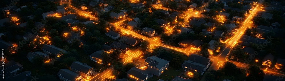 Fototapeta premium A stunning aerial view of a residential neighborhood at dusk, showcasing glowing streetlights and warm home lights. The tranquil scene highlights suburban life and evening beauty.
