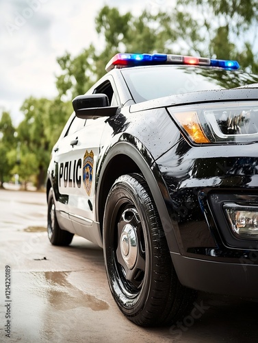 Black Police Cruiser Stands Ready in Urban Environment After Rain : Generative AI