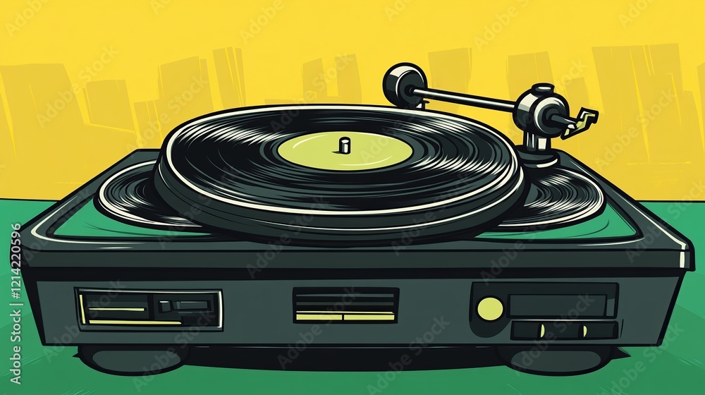 Fototapeta premium Retro turntable playing vinyl record against a city backdrop.
