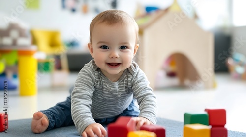 Joyful Baby Playing with Colorful Blocks in Bright and Cheerful Playroom Environment : Generative AI