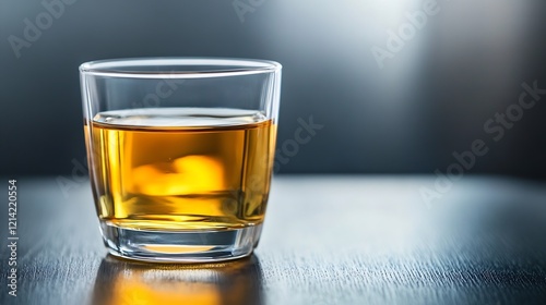 Glass of Whiskey on Dark Wood Table with Ambient Lighting : Generative AI