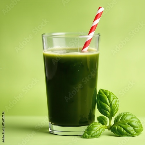 Refreshing Green Juice with Basil Garnish in Glass photo