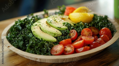 A farm-to-table salad with kale, cherry tomatoes, avocado, and a lemon-tahini dressing, served on an eco-friendly bamboo plate photo