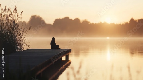 Woman silhouetted on a lake dock at sunrise, enjoying peaceful solitude.