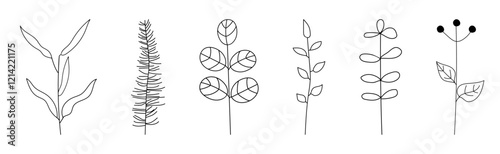 Grass outline set isolated on a white background. Hand drawn different grass, abstract meadow plants. Vector illustration, design element.