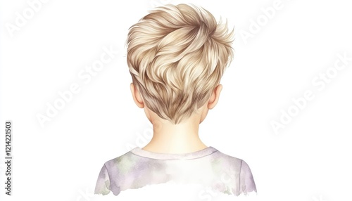A young child with tousled blonde hair seen from the back, showcasing a serene atmosphere in a minimalistic setting photo
