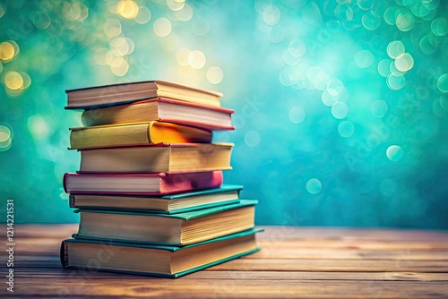 Vibrant stacked books, miniature tilt-shift effect, teal backdrop evokes knowledge and insatiable curiosity.