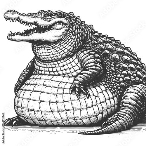 Fat plump alligator sitting upright, showcasing detailed scales and a playful expression sketch engraving generative ai vector illustration. Scratch board imitation. Black and white image.