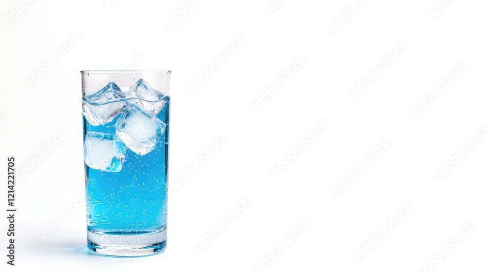 Blue fizzy drink with ice in glass, white background, refreshment, summer beverage Blue fizzy drink with ice in glass, white background, refreshment, summer beverage
