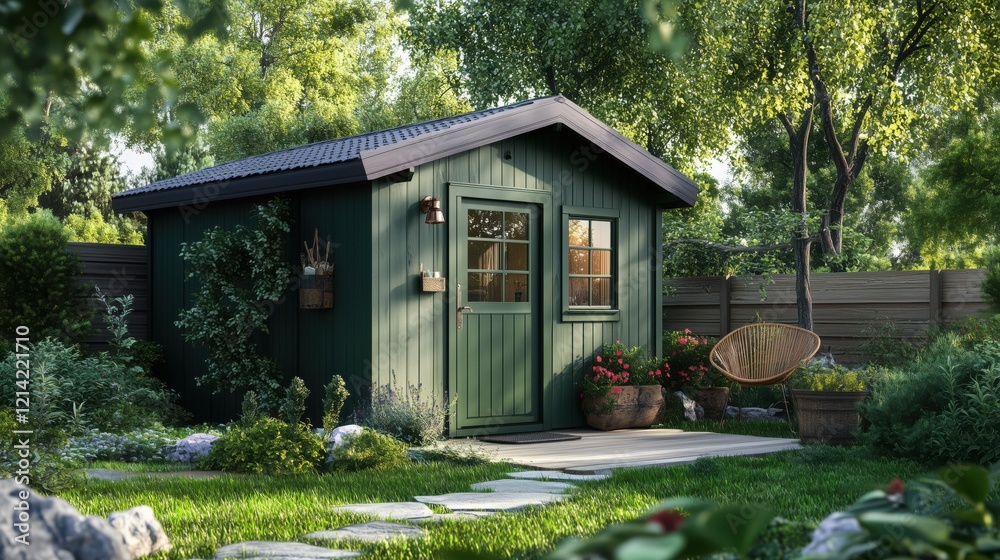 Fototapeta premium Cozy charming wooden garden shed storage solution