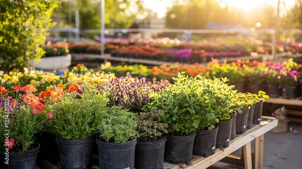 Fototapeta premium Colorful Flower Nursery Plants in Pots at Sunset in Garden Center Outdoors : Generative AI