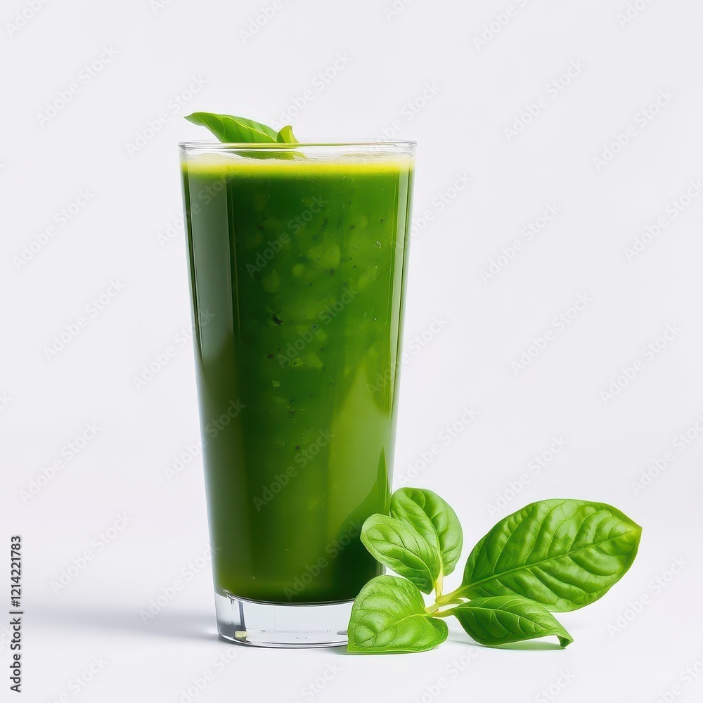 Green vegetable juice in a tall glass with fresh leaves Green vegetable juice in a tall glass with fresh leaves