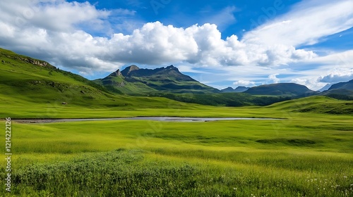 Idyllic Mountain Landscape with Green Hills and Dramatic Cloudy Sky View : Generative AI