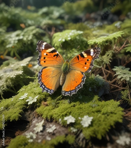 Butterfly (Argus patty) resting on algal lichen in a woodland glade, argus patty, caledonian forest, abernethy forest