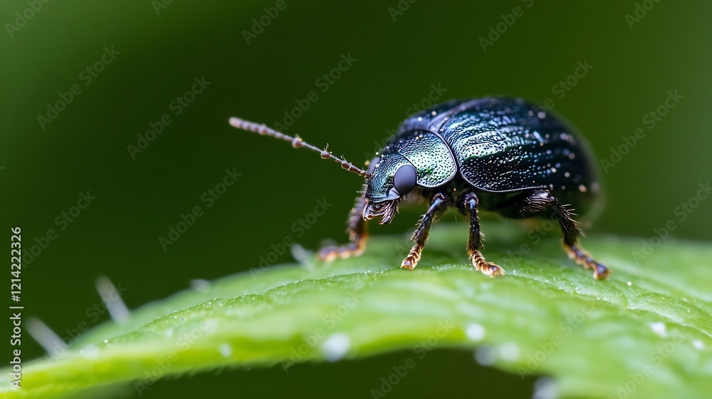 Close Up of Green Beetle Crawling on Leaf Exhibiting Vibrant Colors and Textures : Generative AI