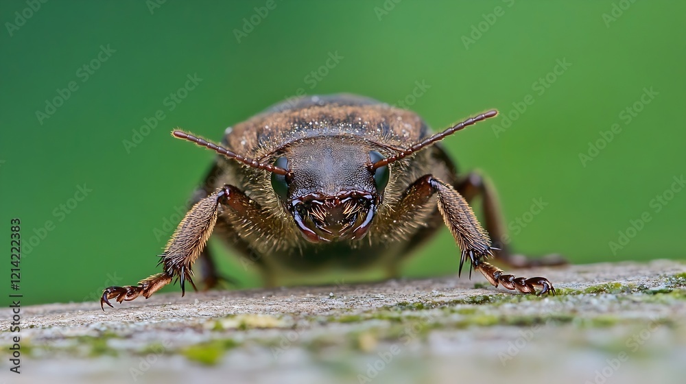 Naklejka premium Macro Shot of Brown Beetle Crawling on Bark with Blurred Green Background : Generative AI