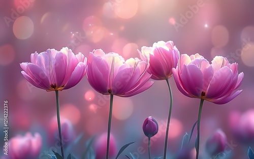 Four pink tulips glowing in soft light.