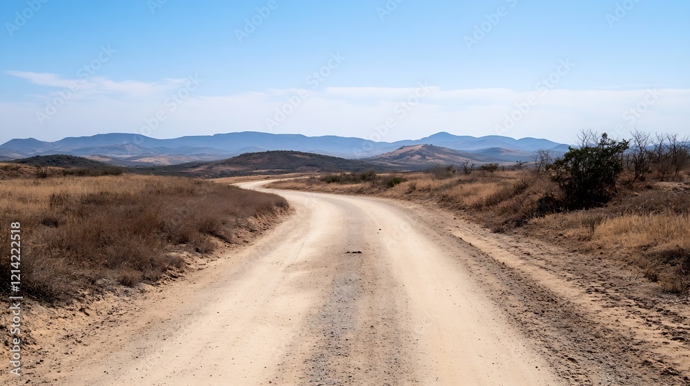 Dusty Road Leading Through Barren Countryside Under Clear Blue Sky for Adventurous Journeys : Generative AI Dusty Road Leading Through Barren Countryside Under Clear Blue Sky for Adventurous Journeys : Generative AI